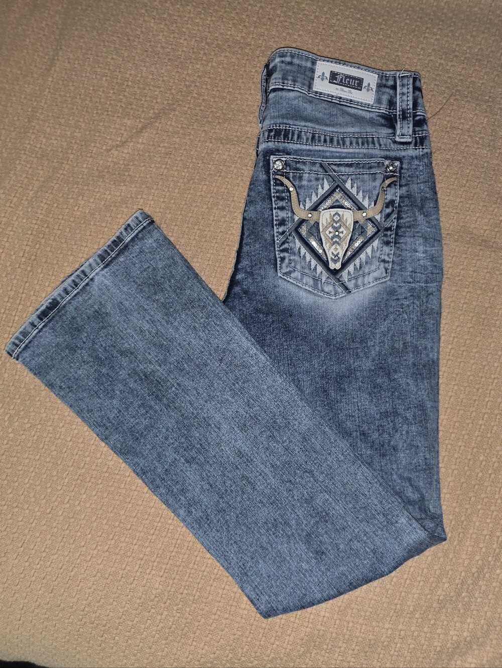 Fleur By Miss Me Jeans Leather Longhorn Rhinestone Accented Bootcut Pant